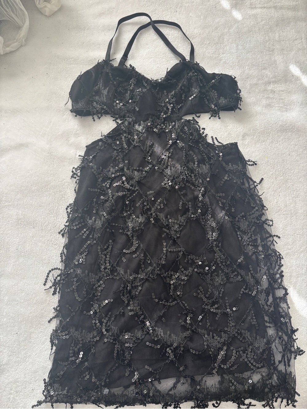 SHEIN Black Sequin Mesh Mini Dress with Strappy Bodice